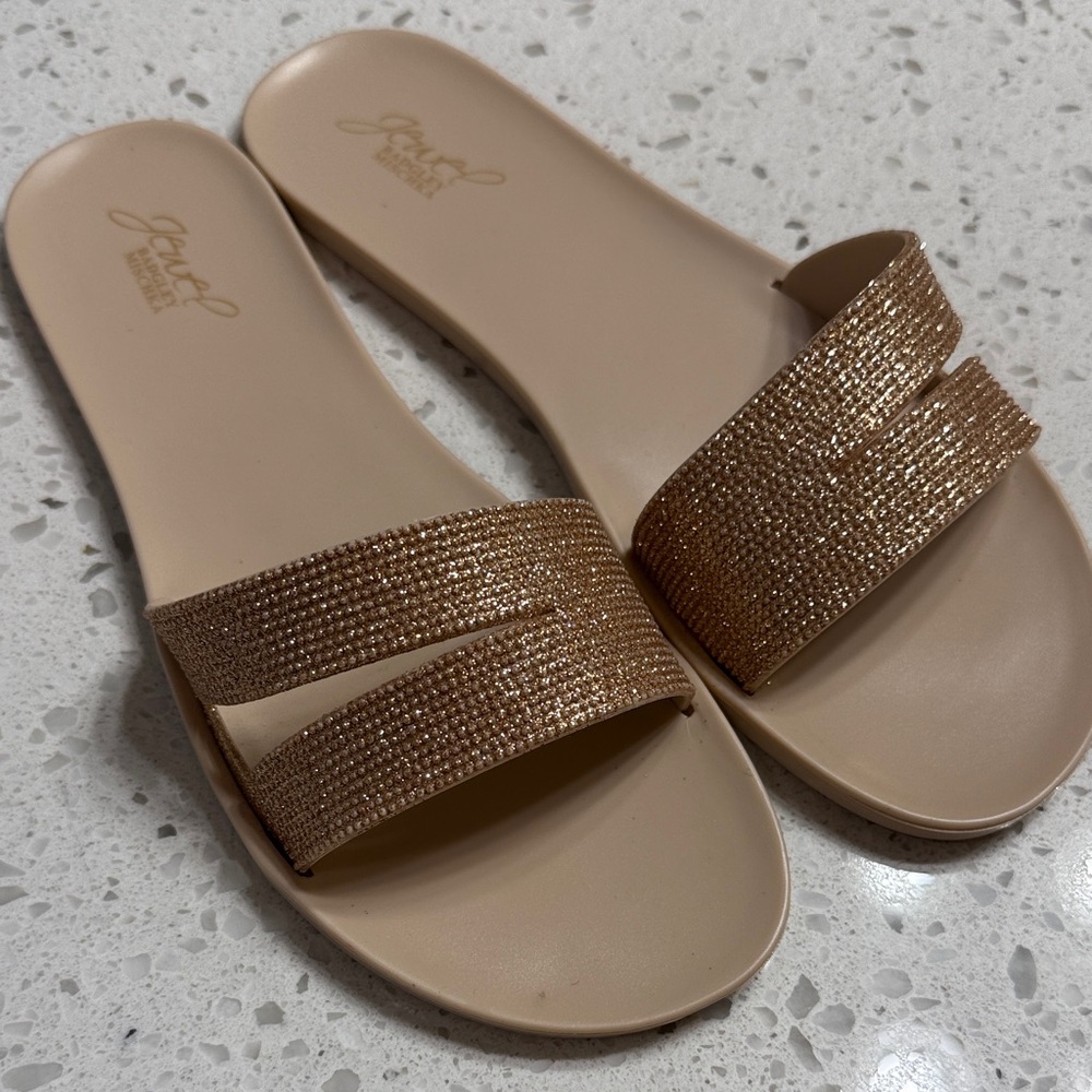 Jewel Badgley Mischka Sparkly Rose Gold/Tan Wide Strap Slide PVC Sandals SZ.9/40